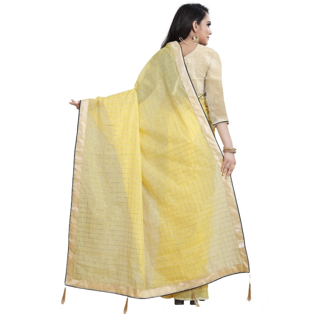 Generic Women's Cotton Silk Checkered Saree With Unstitched Blouse 5.5Mtr (Yellow)