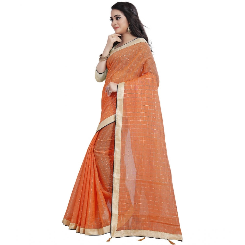 Generic Women's Cotton Silk Checkered Saree With Unstitched Blouse 5.5Mtr (Orange)