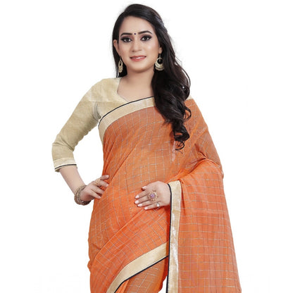 Generic Women's Cotton Silk Checkered Saree With Unstitched Blouse 5.5Mtr (Orange)