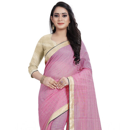 Generic Women's Cotton Silk Checkered Saree With Unstitched Blouse 5.5Mtr (Multicolor)