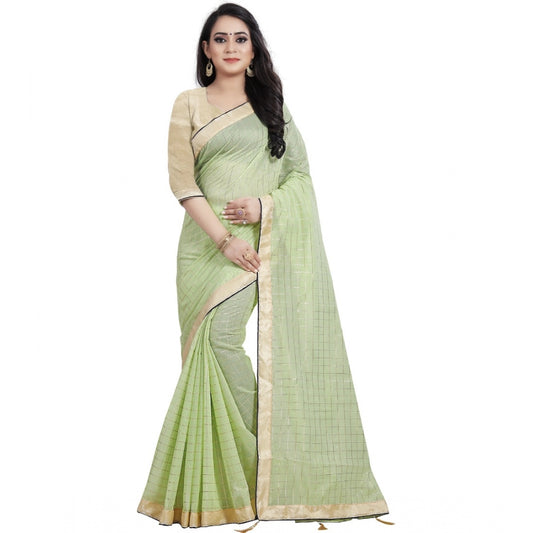 Generic Women's Cotton Silk Checkered Saree With Unstitched Blouse 5.5Mtr (Light Green)