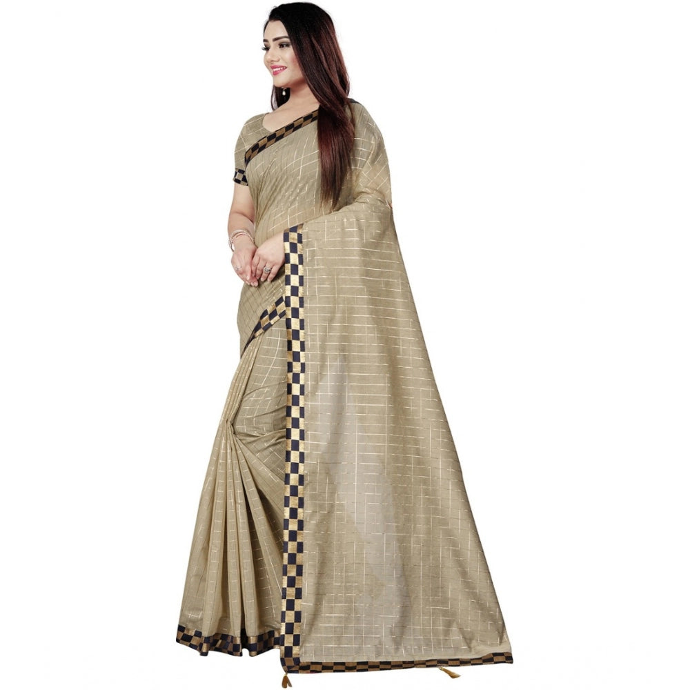 Generic Women's Cotton Silk Checkered Saree With Unstitched Blouse 5.5Mtr (Cream)