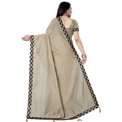 Generic Women's Cotton Silk Checkered Saree With Unstitched Blouse 5.5Mtr (Cream)