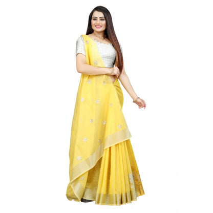 Generic Women's Cotton Silk Embroidered Saree With Unstitched Blouse 5.5Mtr (Yellow)