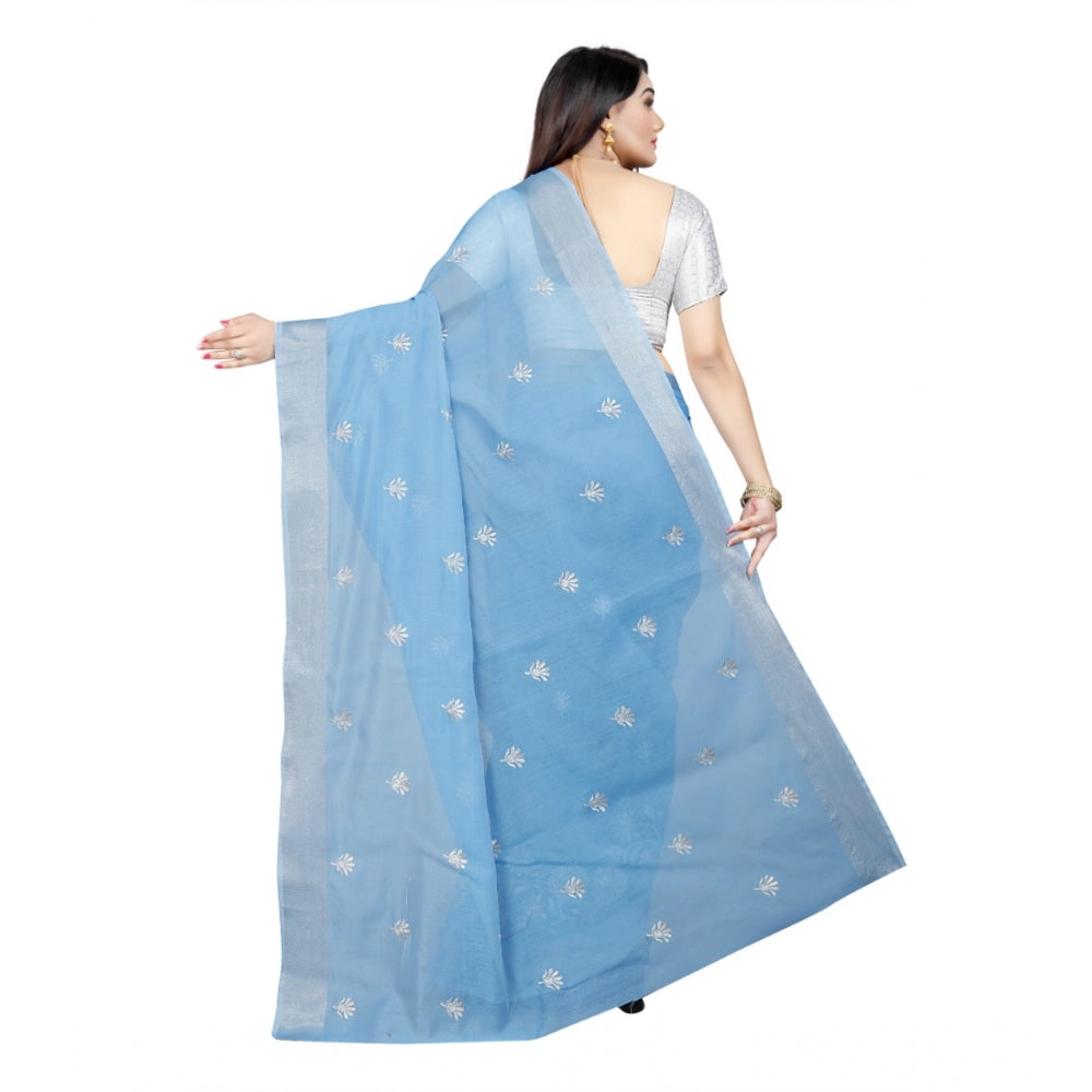 Generic Women's Cotton Silk Embroidered Saree With Unstitched Blouse 5.5Mtr (Light Blue)