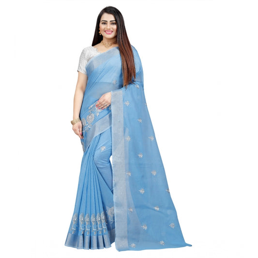 Generic Women's Cotton Silk Embroidered Saree With Unstitched Blouse 5.5Mtr (Light Blue)