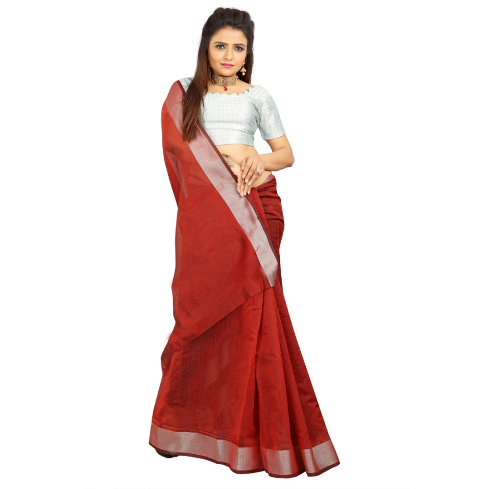 Generic Women's Cotton Silk Self Design Saree With Unstitched Blouse 5.5Mtr (Red)