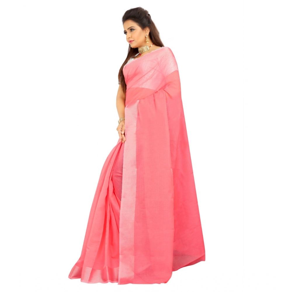 Generic Women's Cotton Silk Self Design Saree With Unstitched Blouse 5.5Mtr (Pink)