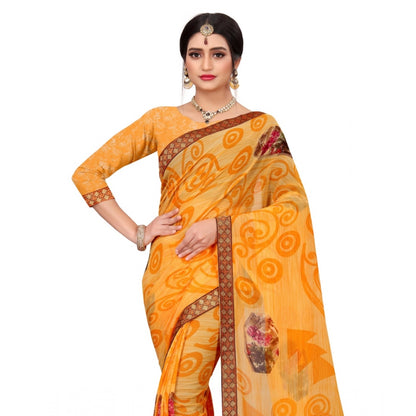 Generic Women's Georgette Floral Print Saree With Unstitched Blouse 5.5Mtr (Mustard)