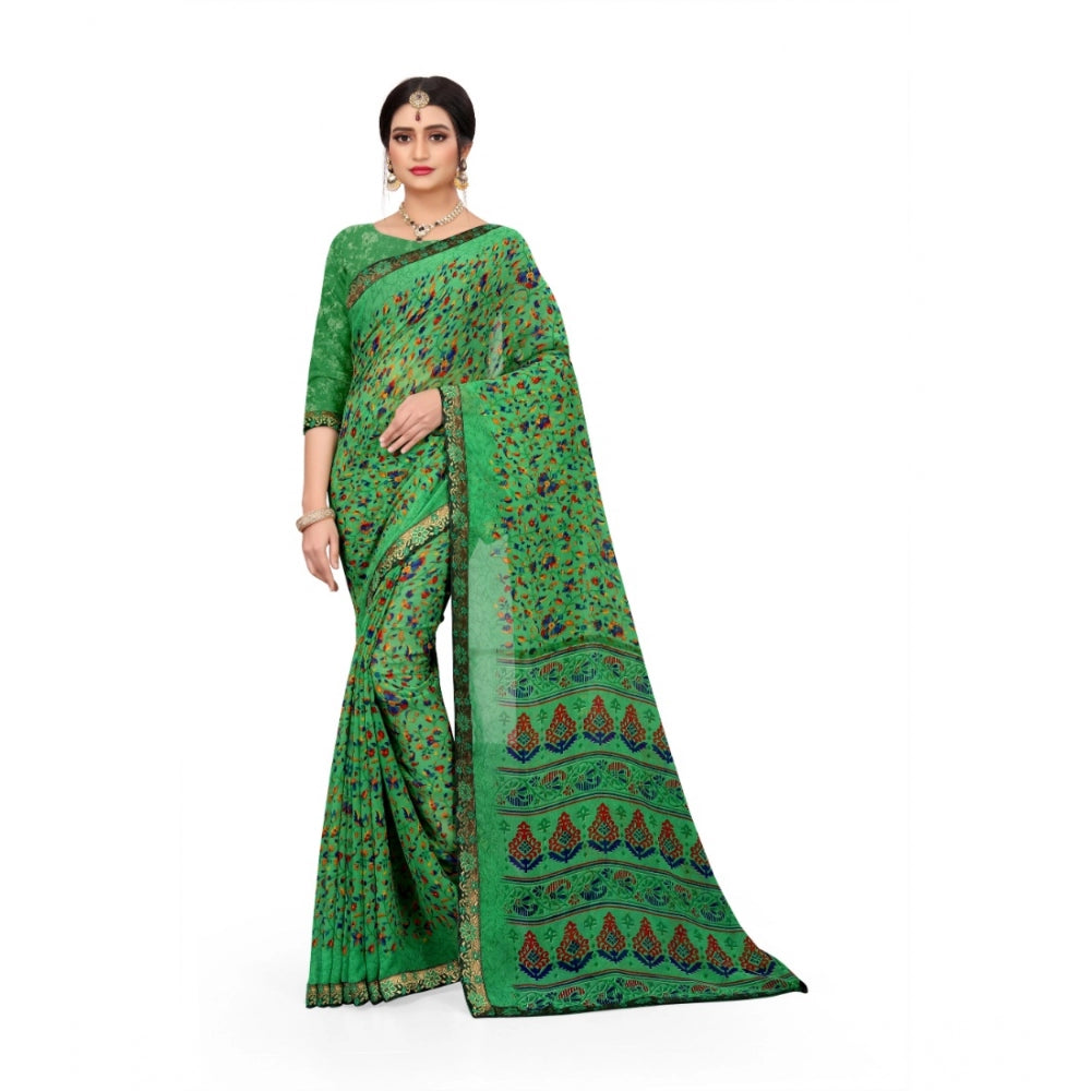 Generic Women's Georgette Floral Print Saree With Unstitched Blouse 5.5Mtr (Green)