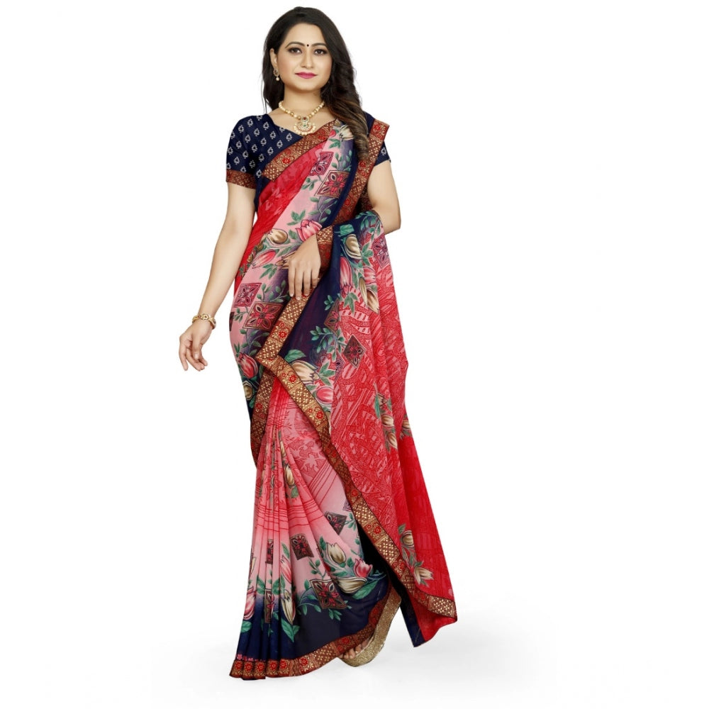 Generic Women's Georgette Floral Print Saree With Unstitched Blouse 5.5Mtr (Red-Blue)