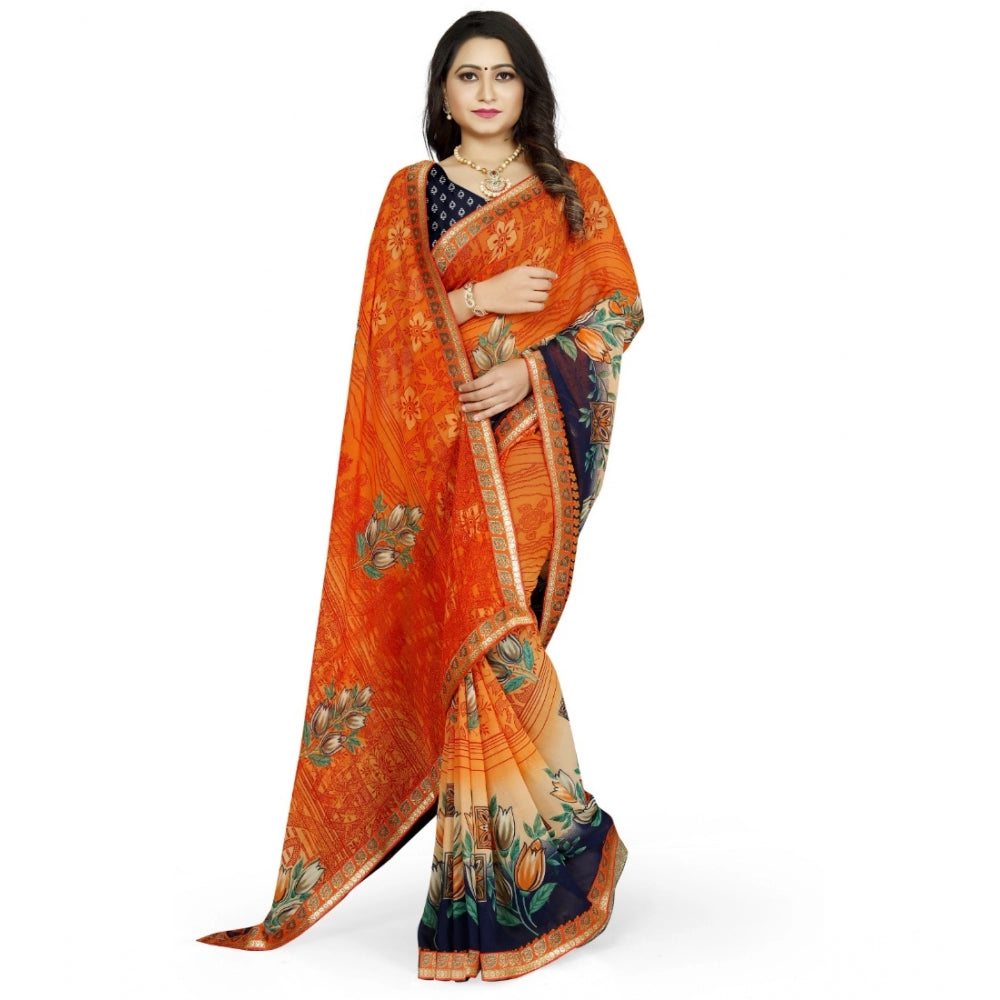 Generic Women's Georgette Floral Print Saree With Unstitched Blouse 5.5Mtr (Blue-Orange)