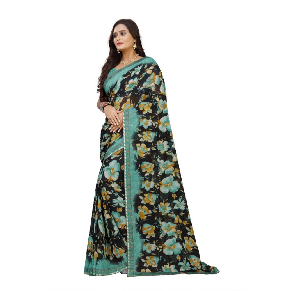 Generic Women's Georgette Floral Print Saree With Unstitched Blouse 5.5Mtr (Blue-Black)