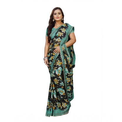 Generic Women's Georgette Floral Print Saree With Unstitched Blouse 5.5Mtr (Blue-Black)