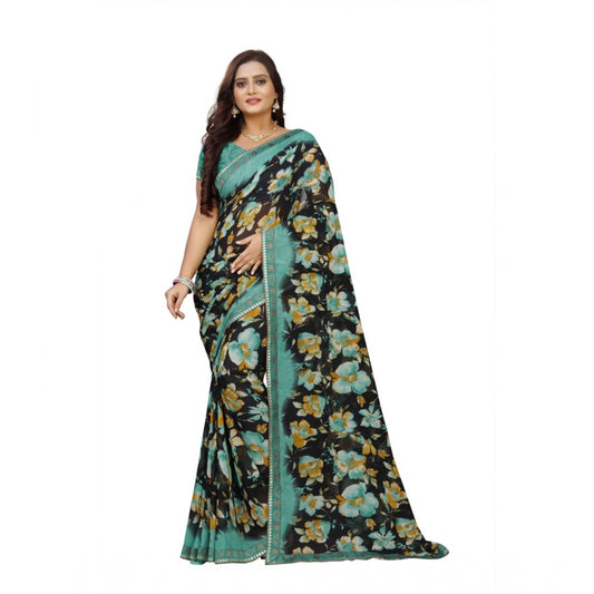 Generic Women's Georgette Floral Print Saree With Unstitched Blouse 5.5Mtr (Blue-Black)