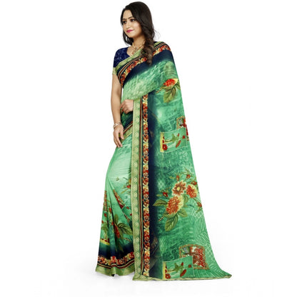 Generic Women's Georgette Floral Print Saree With Unstitched Blouse 5.5Mtr (Green)