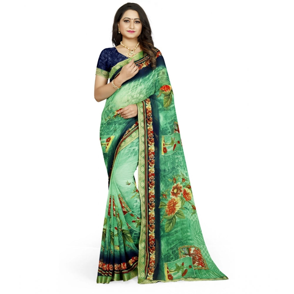 Generic Women's Georgette Floral Print Saree With Unstitched Blouse 5.5Mtr (Green)