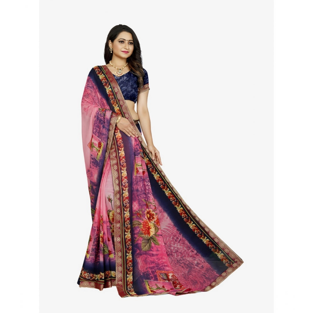 Generic Women's Georgette Floral Print Saree With Unstitched Blouse 5.5Mtr (Blue-Pink)