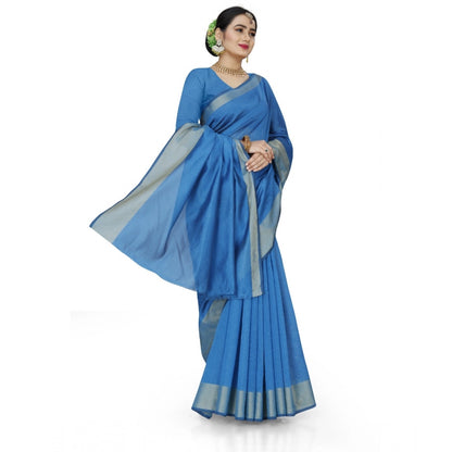 Generic Women's Cotton Silk Self Design Saree With Unstitched Blouse 5.5Mtr (Light Blue)