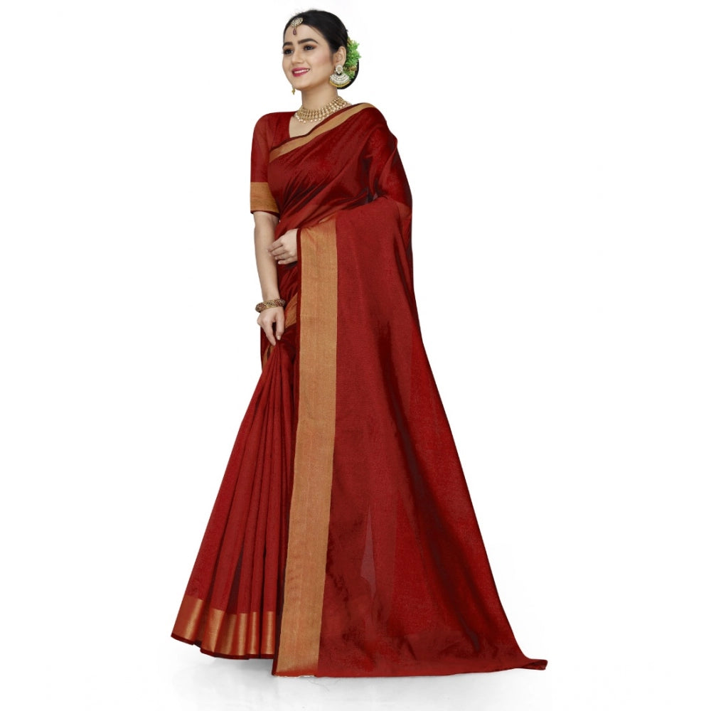 Generic Women's Cotton Silk Self Design Saree With Unstitched Blouse 5.5Mtr (Red)