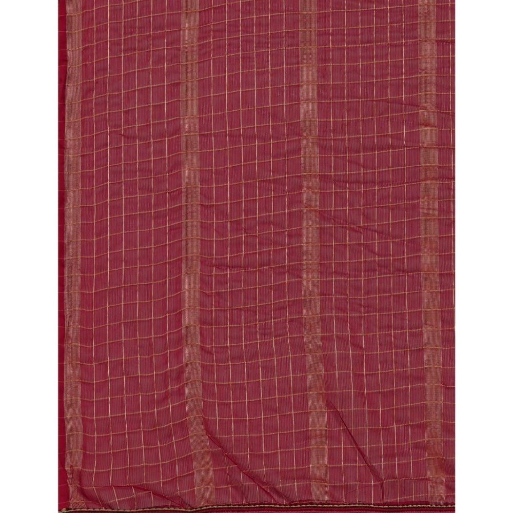 Generic Women's Silk Blend Checkered Saree With Unstitched Blouse 5.5Mtr (Red)