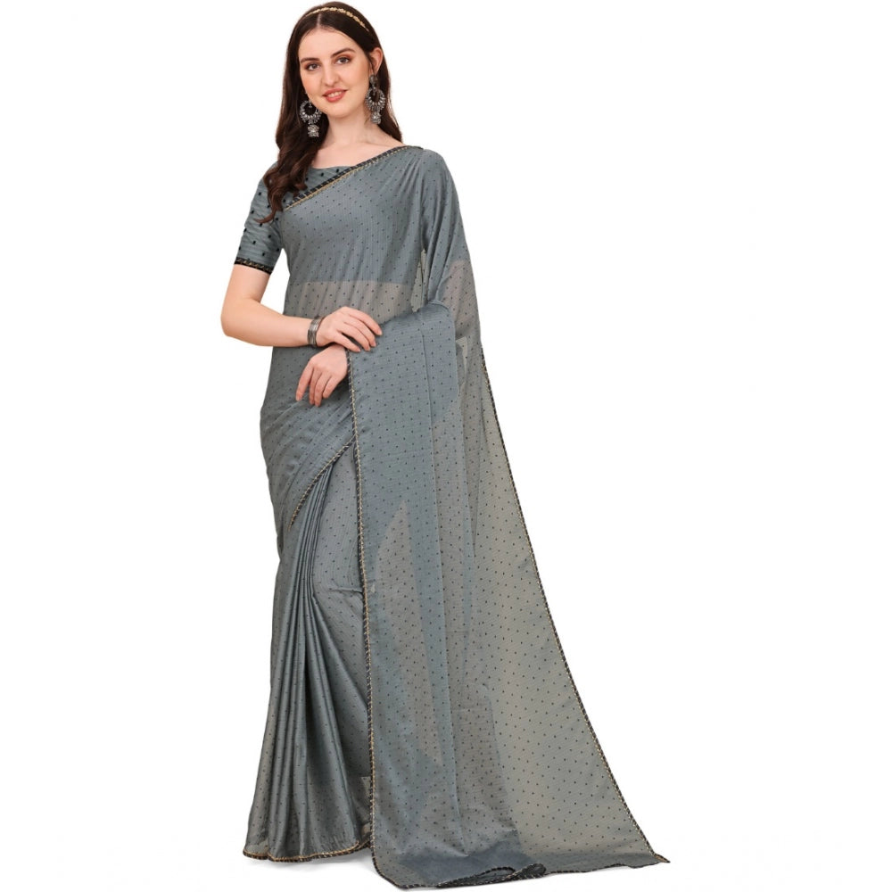 Generic Women's Silk Blend Embellished Saree With Unstitched Blouse 5.5Mtr (Silver)