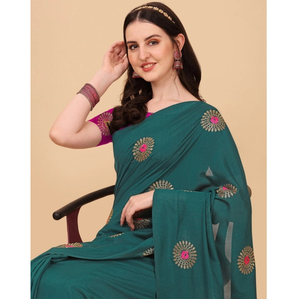 Generic Women's Silk Blend Embroidered Saree With Unstitched Blouse 5.5Mtr (Dark Green)