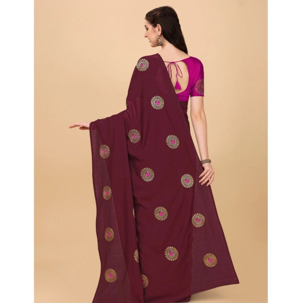 Generic Women's Silk Blend Embroidered Saree With Unstitched Blouse 5.5Mtr (Brown)