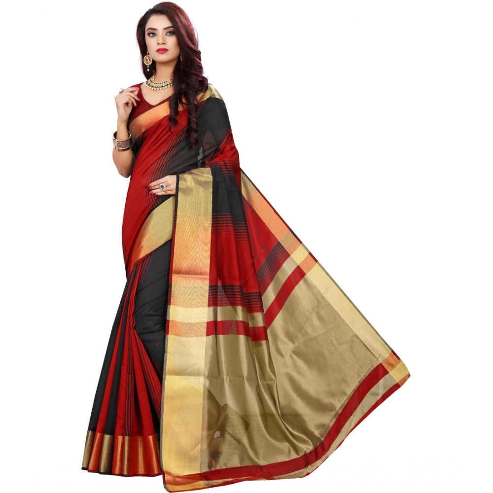 Generic Women's Jacquard Woven Saree With Unstitched Blouse 5.5Mtr (Red-Black)