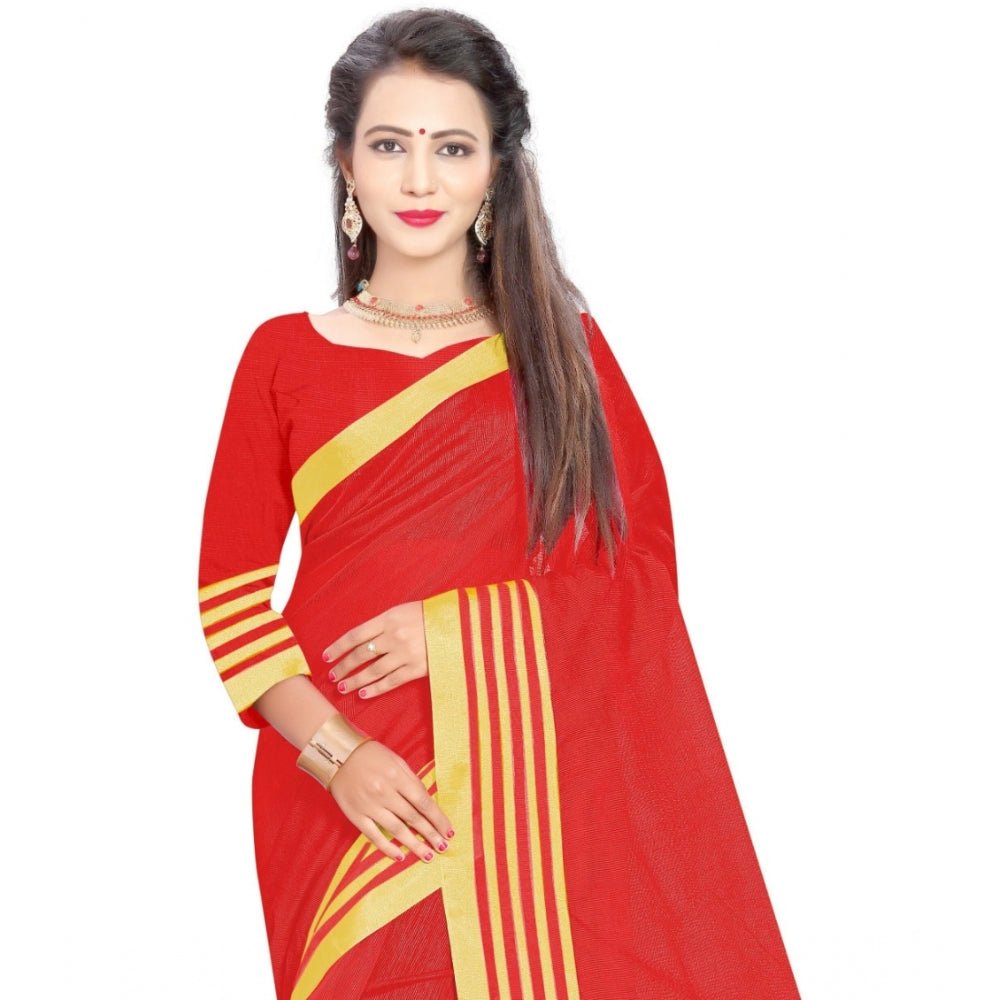 Generic Women's Jacquard Striped Saree With Unstitched Blouse 5.5Mtr (Red)