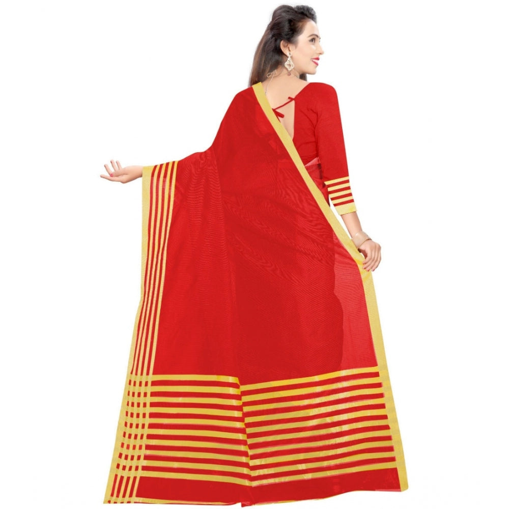 Generic Women's Jacquard Striped Saree With Unstitched Blouse 5.5Mtr (Red)