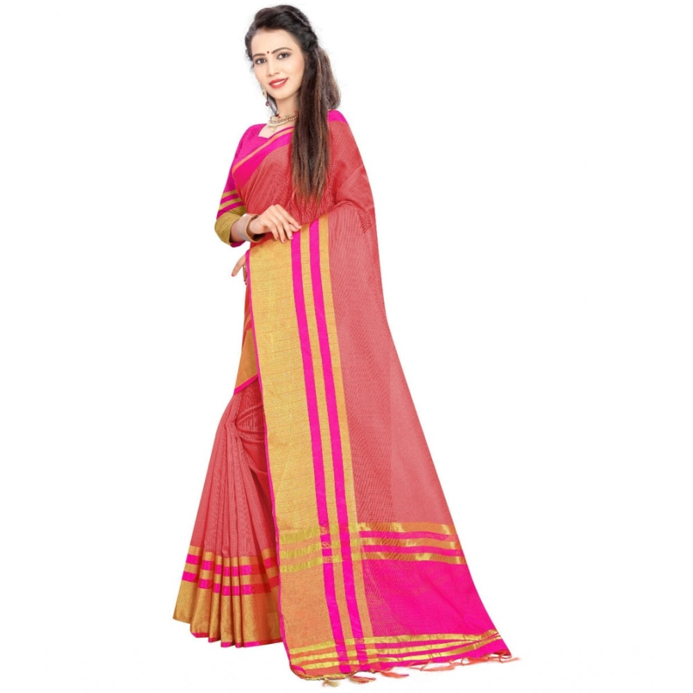 Generic Women's Jacquard Striped Saree With Unstitched Blouse 5.5Mtr (Pink)