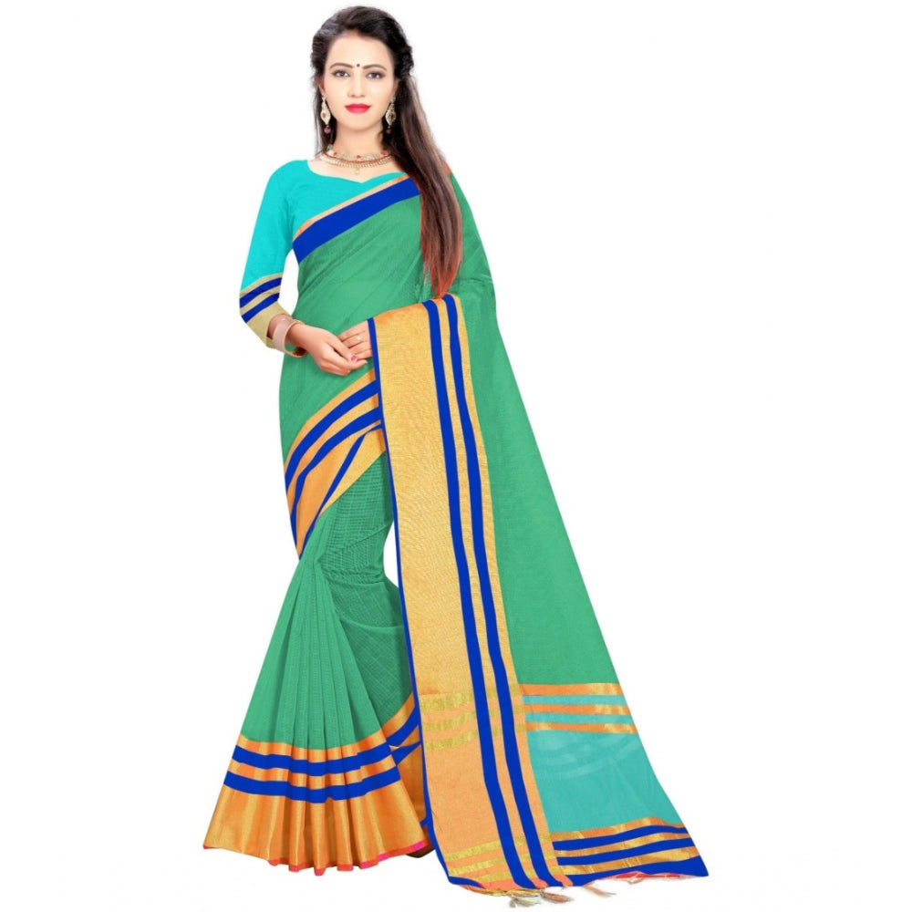 Generic Women's Jacquard Striped Saree With Unstitched Blouse 5.5Mtr (Green)