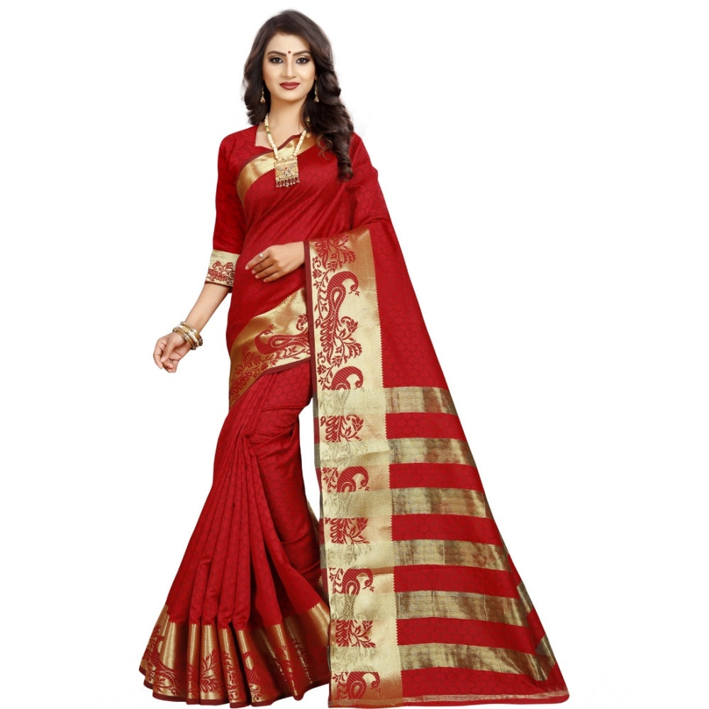 Generic Women's Jacquard Woven Saree With Unstitched Blouse 5.5Mtr (Red)