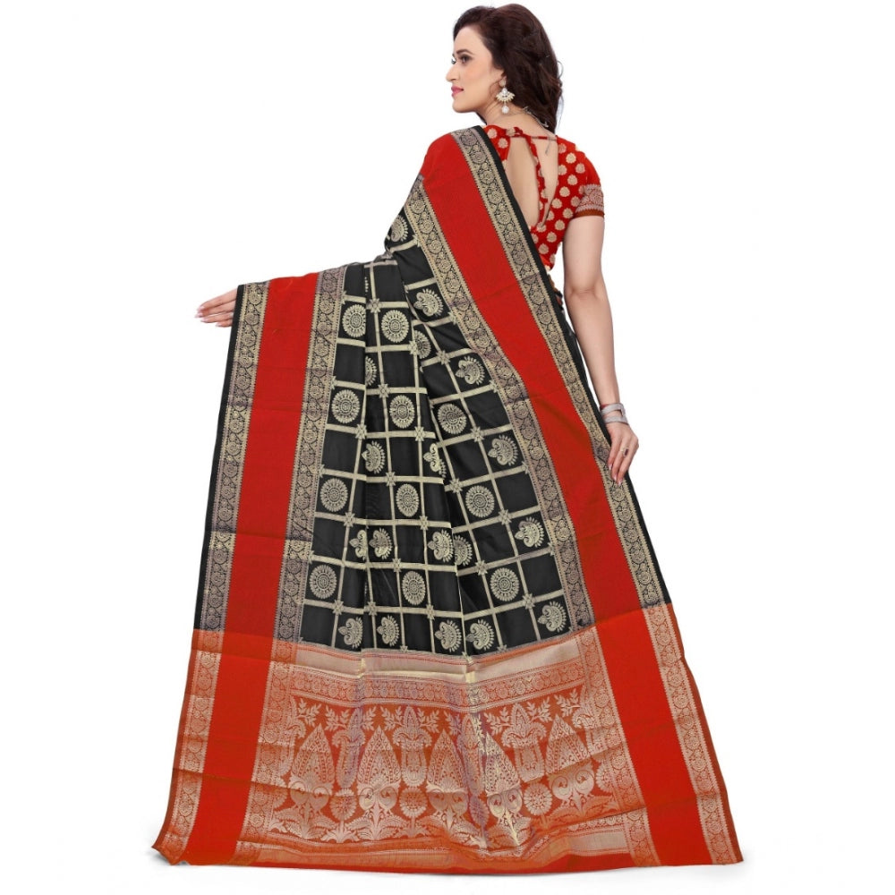 Generic Women's Jacquard Woven Saree With Unstitched Blouse 5.5Mtr (Red-Black)