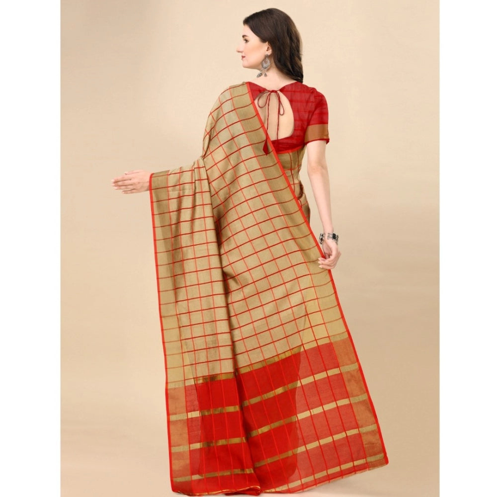 Generic Women's Cotton Silk Checkered Saree With Unstitched Blouse 5.5Mtr (Brown)