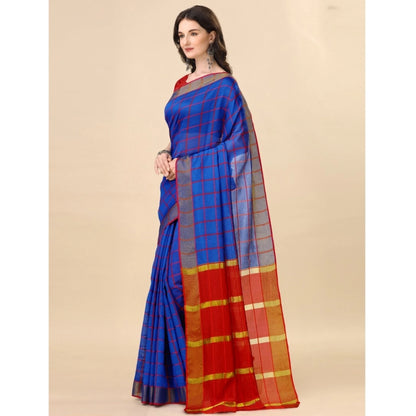 Generic Women's Cotton Silk Checkered Saree With Unstitched Blouse 5.5Mtr (Blue)