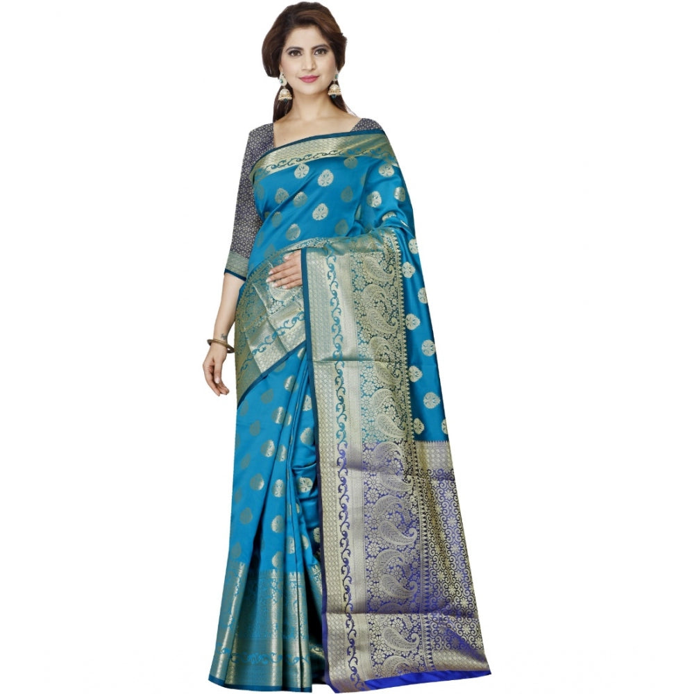 Generic Women's Jacquard Woven Saree With Unstitched Blouse 5.5Mtr (Blue)