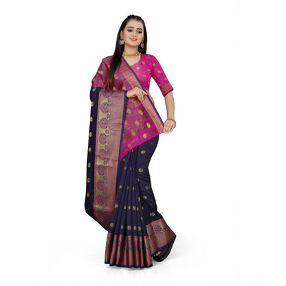 Generic Women's Jacquard Woven Saree With Unstitched Blouse 5.5Mtr (Dark Blue)