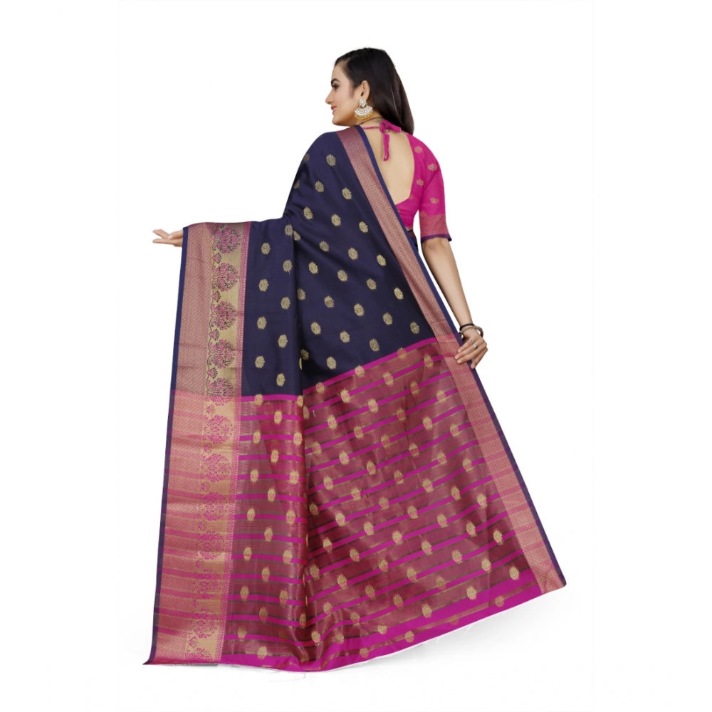 Generic Women's Jacquard Woven Saree With Unstitched Blouse 5.5Mtr (Dark Blue)