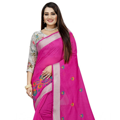 Generic Women's Cotton Silk Embroidered Saree With Unstitched Blouse 5.5Mtr (Pink)