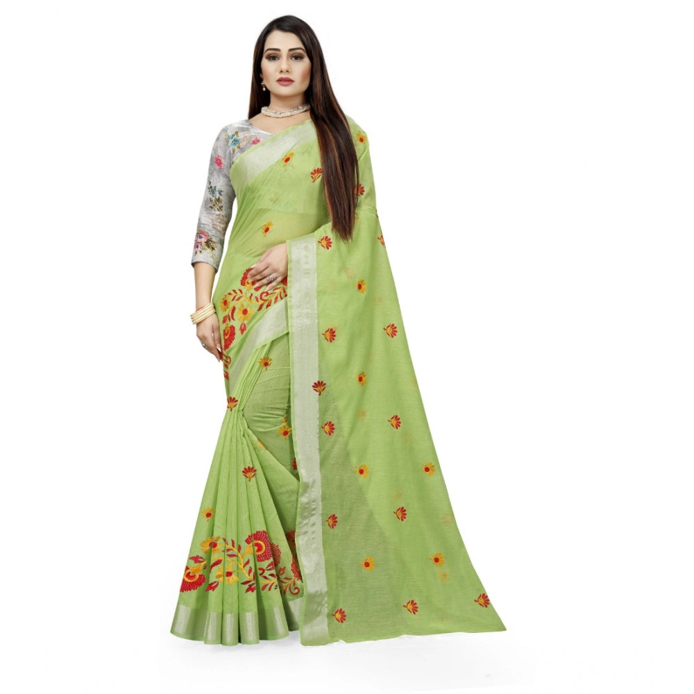 Generic Women's Cotton Silk Embroidered Saree With Unstitched Blouse 5.5Mtr (Light Green)