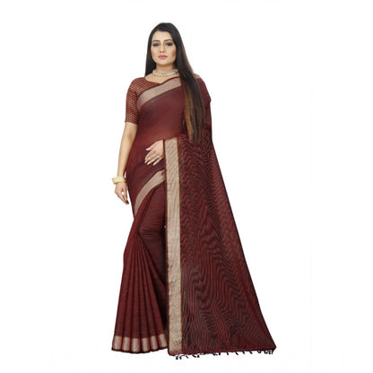 Generic Women's Cotton Blend Solid/Plain Saree With Unstitched Blouse 5.5Mtr (Maroon)