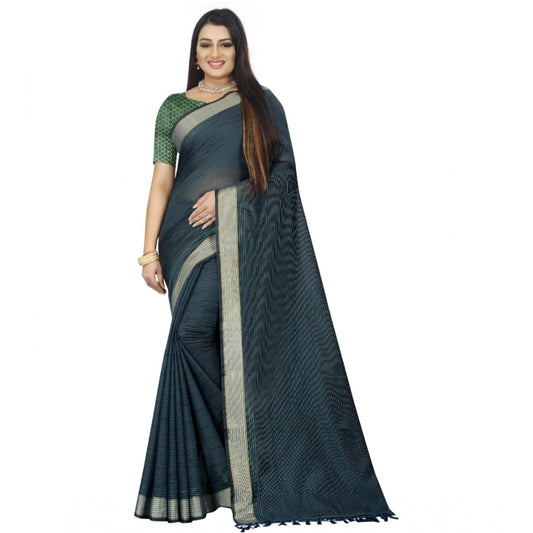 Generic Women's Cotton Blend Solid/Plain Saree With Unstitched Blouse 5.5Mtr (Dark Green)