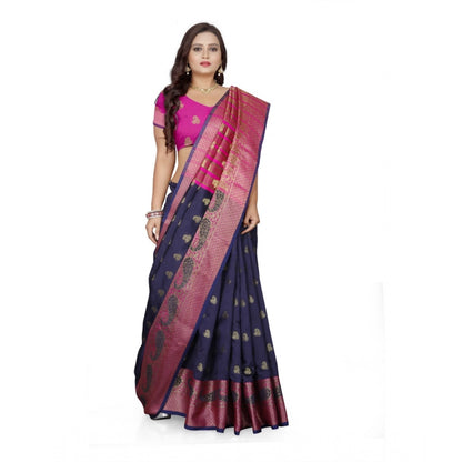 Generic Women's Jacquard Woven Saree With Unstitched Blouse 5.5Mtr (Dark Blue)