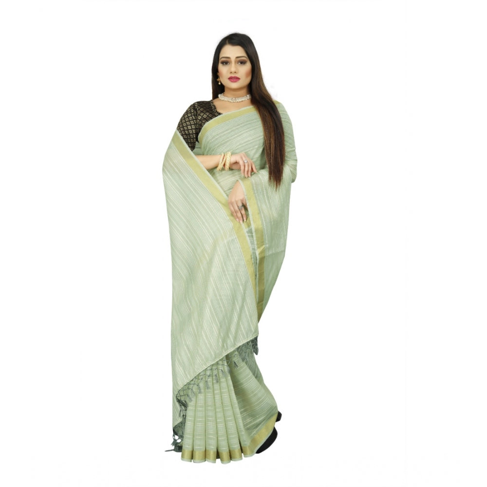 Generic Women's Cotton Blend Solid/Plain Saree With Unstitched Blouse 5.5Mtr (Green)