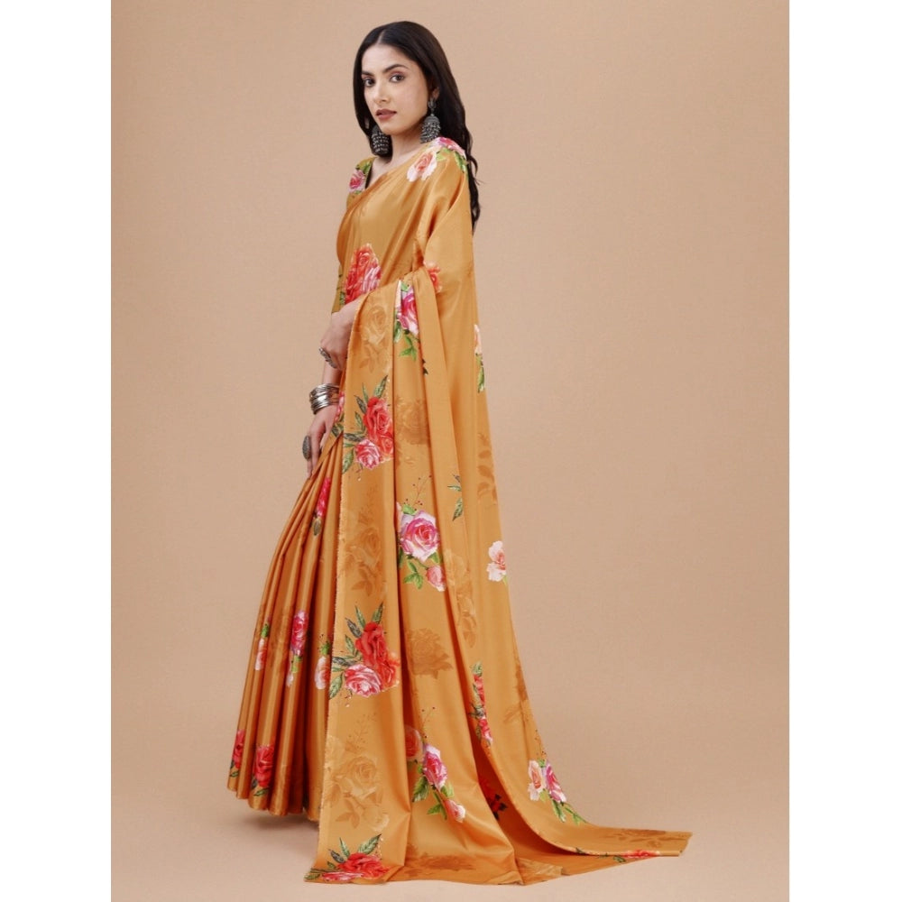 Generic Women's Crepe Digital Print Saree With Unstitched Blouse 5.5Mtr (Mustard)