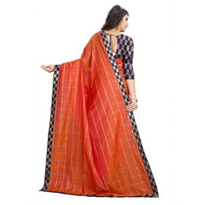 Generic Women's Cotton Silk Checkered Saree With Unstitched Blouse 5.5Mtr (Orange)