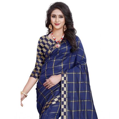 Generic Women's Cotton Silk Checkered Saree With Unstitched Blouse 5.5Mtr (Dark Blue)