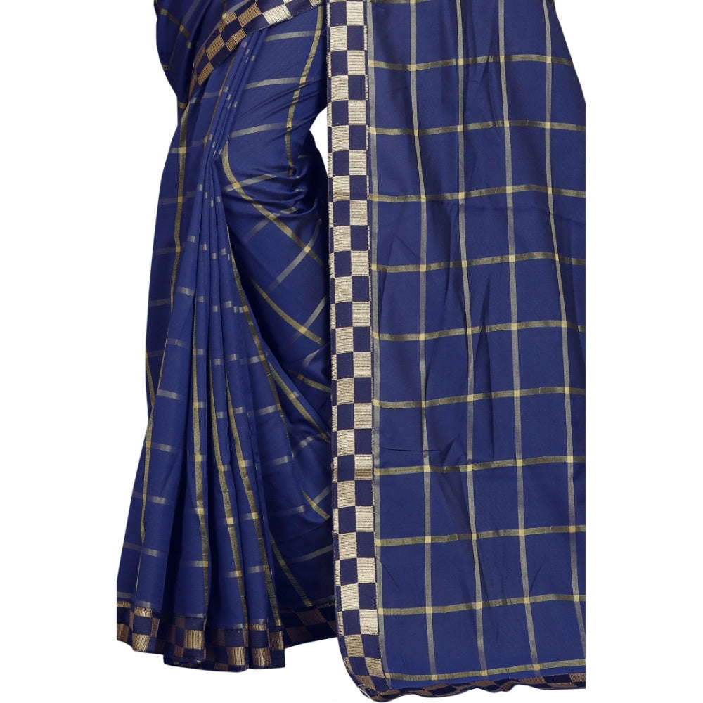 Generic Women's Cotton Silk Checkered Saree With Unstitched Blouse 5.5Mtr (Dark Blue)